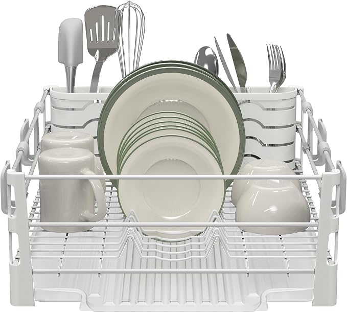 Simple Houseware White Dish Drying Rack with Drainboard, Utensil Holder & Mug Hooks – Metal Kitchen Counter Organizer
