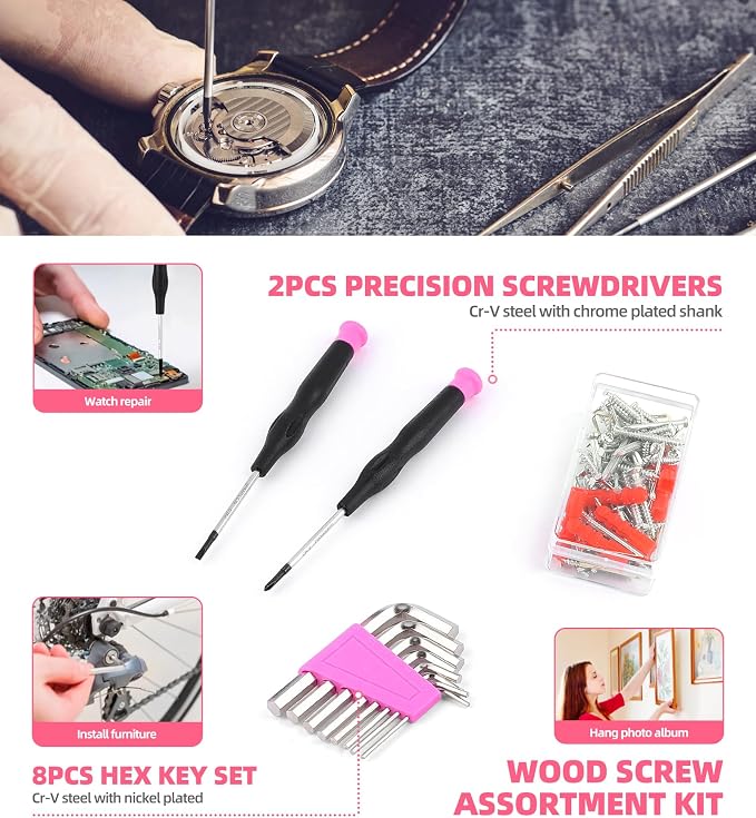 DOWELL 123-Piece Pink Home Repair Tool Kit for Women & Girls | All-in-One DIY Toolkit with Ergonomic Handles, Durable Toolbox, Non-Slip Grips | Perfect Gift for- Wives| Moms, Crafters