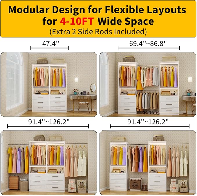 Closet System with 6 Drawers, 4FT-10FT Closet Organizer System, Closet Systems for Walk in Closets with 4 Hanging Rods & 2 Shelves, Modular Custom Closet Organizer Storage System, 2 Sets, White