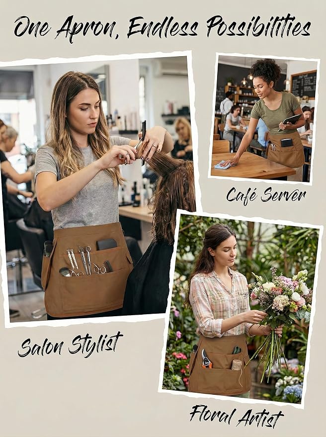Molaxhome Waist Tool Apron with Multi-Pocket Adjustable Belt for Gardening | Adjustable Long Belt,Waitress Server Aprons,Tool Belt,Hairdressers,Work Apron