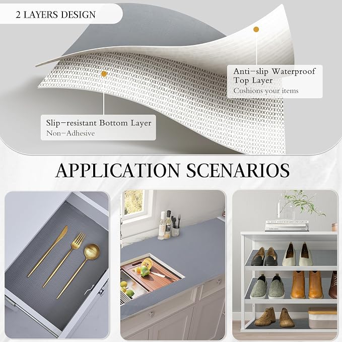 Beautysaid Shelf and Drawer Liner for Kitchen Cabinet Non Adhesive Non Slip | Shelf Paper Waterproof Washable Thickened for Dresser Pantry Shelve Bathroom Protector Liner(Gray,18 in x 10 FT)