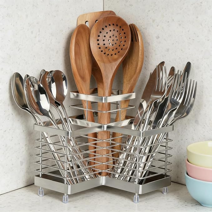 Utensil Holder, Stainless Steel Corner Utensil Holder for Kitchen Counter, 3 Compartments Utensil Crock Organizer for Spatulas, Silverware, Forks, Knives, Spoons & Cooking Tools