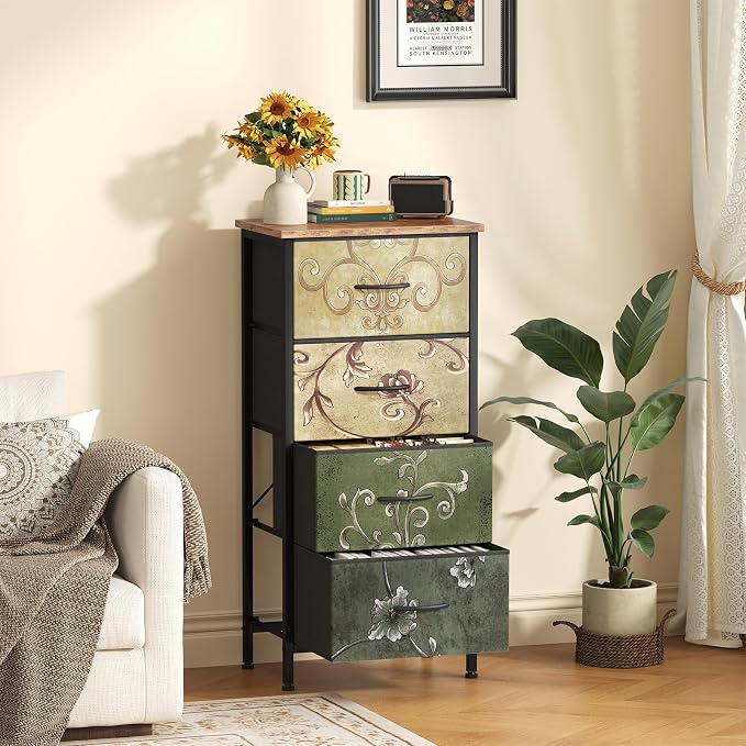 Sweetcrispy Dresser for Bedroom, 4 Drawer Storage Cabinet, Tall Nightstand | Small Fabric Dresser for Closet, Chest of Drawers, Closet Organizer, Home Furniture, Sturdy Frame, Floral Pattern