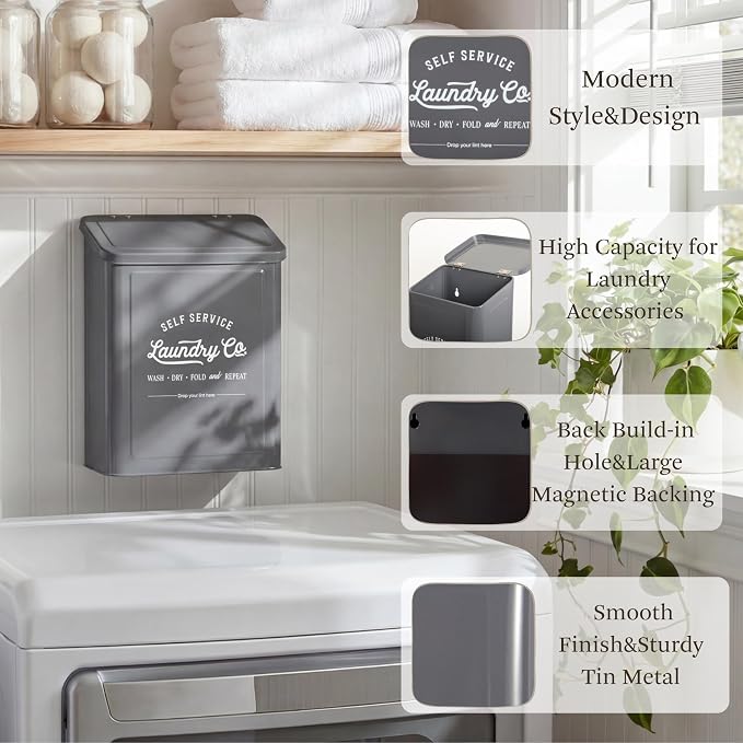 MONJITA Magnetic Lint Bin for Laundry Room, Wall Mounted Lint Trash can with lid for Dryer, Farmhouse Laundry Co Sign, Laundry Room Organization and Storage Decor with Dryer Lint Brush(Grey)
