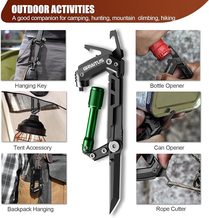 Carabiner Multitool with Pocket Knives, EDC Carabiners for Camping Hiking | Serrated Knife, Rope Cutter, Screwdriver, Can Bottle Opener, Ruler, Folding Knife, Gifts for Men (Green)