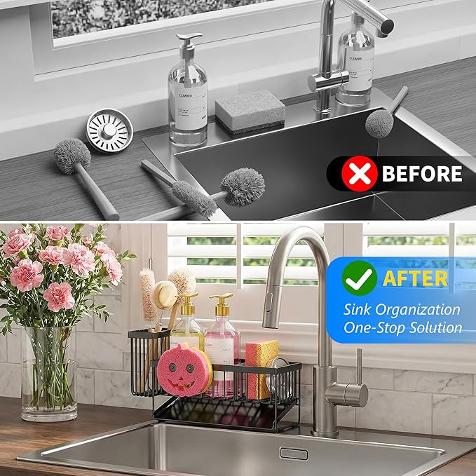 Cisily 8.26'' Sponge Holder for Kitchen Sink, Smiley Face Sink Caddy with Removable Brush Holder,Self-Draining Sponge Caddy for Sponge,Soap,Dish Brush,Scrubber,Kitchen Essentials and Gadgets