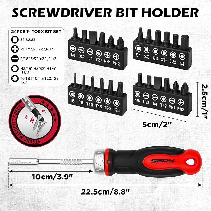 26-Piece Ratcheting Screwdriver Bit Set with 1/4" Magnetic Ratchet Driver, S2 Steel Bits, Telescopic Magnetic Extension Rod, Torx Phillips Slotted & Hex Bits Kit for Home Repair, Garage and DIY