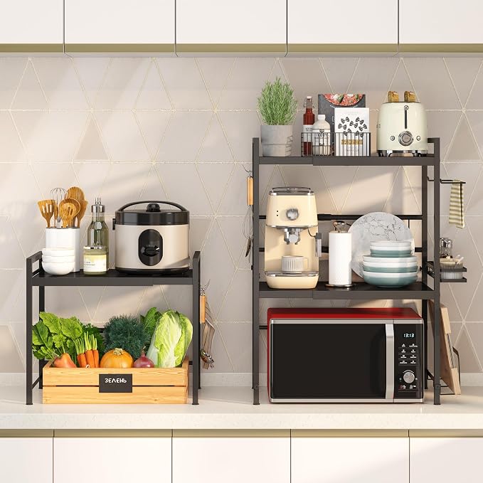 DOLALIKE Microwave Oven Rack, Expandable Microwave Stand Countertop Kitchen Utensils Tableware Storage, Carbon Steel Over Microwave Shelf Countertop with 3 Hooks | Adjustable Microwave Oven Rack Metal Storage Shelf for Pans Small Appliances Kitchen Ute...