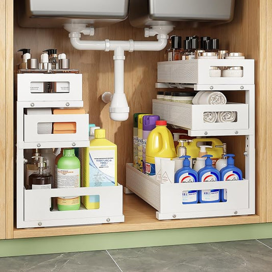 3-Tier Under Sink Organizer,2 Pack Height Adjustable Pull Out Cabinet Organizer Shelf, Thickened Metal Slide out Storage Drawer Rack for Bathroom Laundry Room Kitchen Pantry Organization (White)