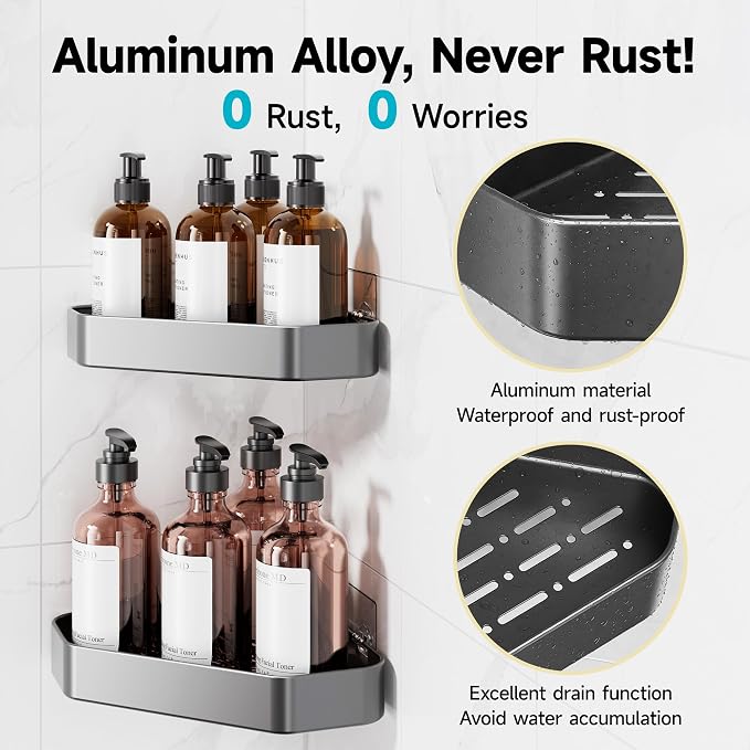 Veken Aluminum Corner Shower Caddy 4-Pack, Never Rust, No Drilling Adhesive Shelves, Stainless Rack with Soap Holder, Bathroom Organizers and Storage, Wall-Mounted Kitchen & Home Decor, Grey