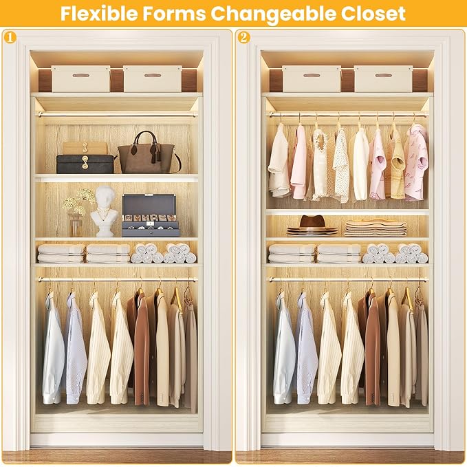 Unikito 72'' Closet System with 4 Hanging Rods, Walk-in Clothing Organizer, 2-Piece Wood Garment Rack for Bedroom, White Oak
