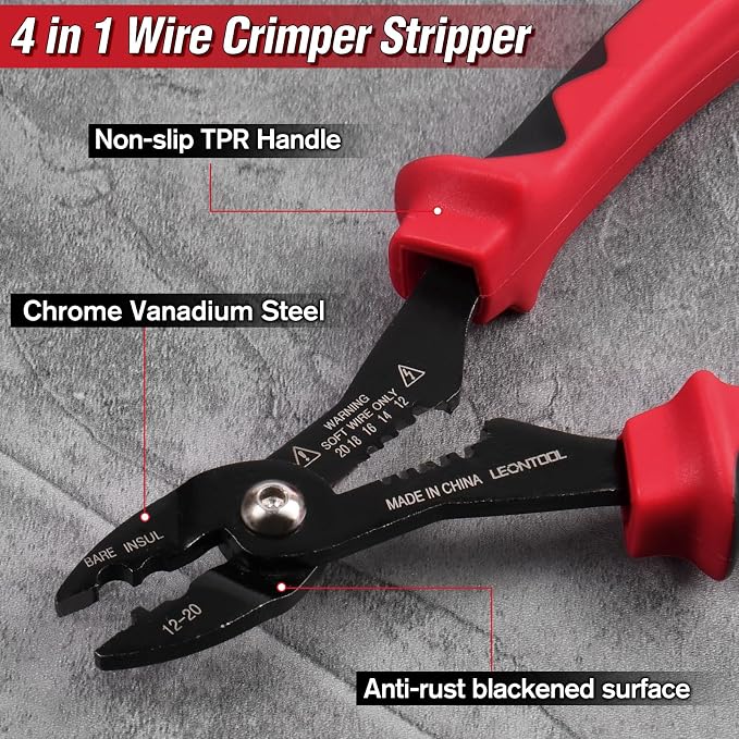4-in-1 Multi Purpose Electricians Pliers, TPR Handle | 7" Compact Wire Stripper Cutter Crimper Gripper, Tapered Head, Cr-V Steel, for 12-20 AWG Insulated & Non-Insulated Wires
