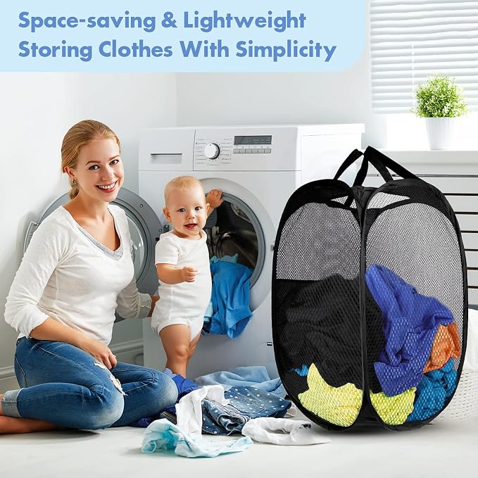 DUCOO Pop Up Laundry Hamper, 70L Collapsible Mesh Laundry Basket with Side Pocket, Foldable Dirty Clothes Hamper with Sturdy Reinforced Handles for Home Dorm Bedroom Travel Bathroom Storage, Black