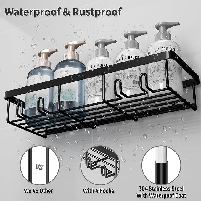 Liuoud Shower Caddy 5 Pack XL-Size Adhesive Stainless Steel Organizer | XL Capacity, With Strong Adhesive, Rustproof, No Drilling Wall Mount Shelvs For Daily Bathroom Organization Decor Set, Black