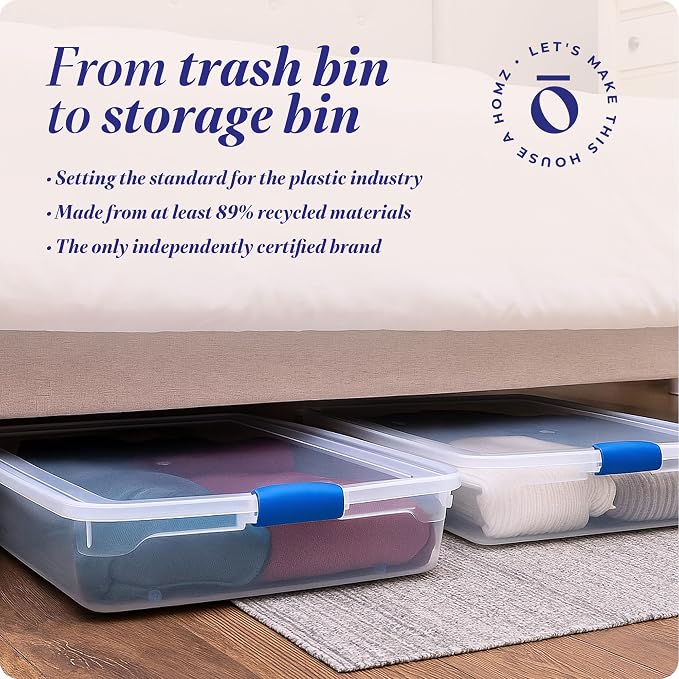 HOMZ 56 Quart Clear Plastic Underbed Storage Bins, Pack of 2 Large Organizer Containers with Secure Latching Lids, Easy Grip Handles and 4 Gliding Wheels, Stackable and Nestable