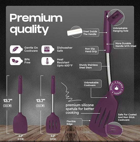 BakeRoyal Silicone Spatula Set - Turner Spatulas Silicone Heat Resistant 600°F - Slotted & Solid Spatula for Cooking Fish, Eggs, Pancakes Flipper – Spatulas for kitchen use – Berry