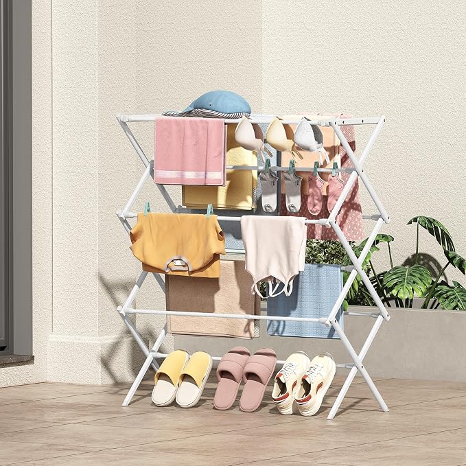 KINGBOARD 3-Tier Extendable Clothes Drying Rack, Small & Foldable, White | 37.4"H x 33.8"W x 11.2"D, Space-Saving Collapsible, Easy Assembly, Rust-Resistant Iron Frame, Indoor Outdoor Use, 25lb