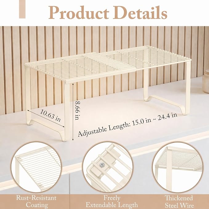 Extendable Metal Wire Shelf Organizer - Adjustable 15-24.4in Length, Stackable Storage Rack for Kitchen/Pantry/Bathroom/Shoe Cabinet/Tool Closet (Cream, 4 Pack)