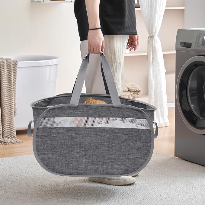 Collapsible Tear Proof Laundry Baskets with Dual Handles, Grey | 70L, Foldable, Pop up Hamper, Reinforced Durable Laundry Hamper for Home, Laundry, Bathroom, Dorm or Travel