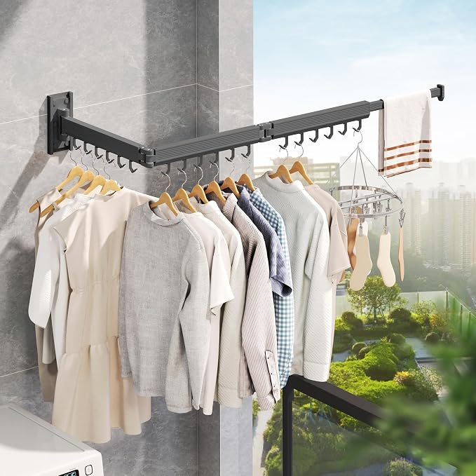 LIENAHU Grey Wall Mounted Clothes Drying Rack, Stainless Steel, Space Saving, Holds Up to 220 Pounds, Ideal for Clothing