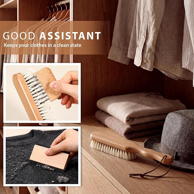 3 Pcs Clothes Brush Set Includes Garment Brush, Cleaning Comb and Lint Remover, Clothes Brushes Comb for Suit Coat Sweaters Suit and Silk, Black & White Horsehair Bristle