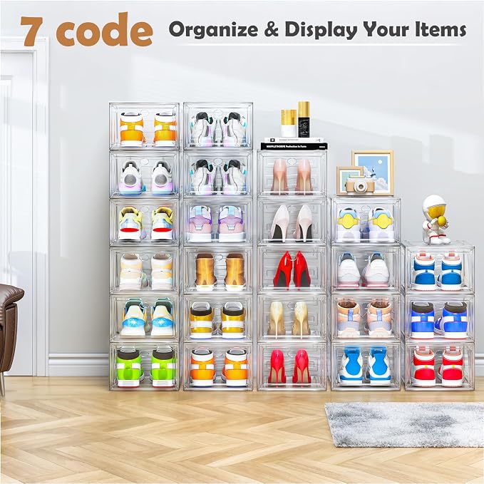 7 code Large Clear Shoe Boxes Organizer【Thicker Material】 Stronger Shoe Box with Magnetic Door, Stackable Shoe Storage Box for Closet, Foldable Space-Saving Storage Bins Shoe Cabinet, White 9 Pack | Foldable Shoe Storage Boxes for Sneakers & Boots, Spa...