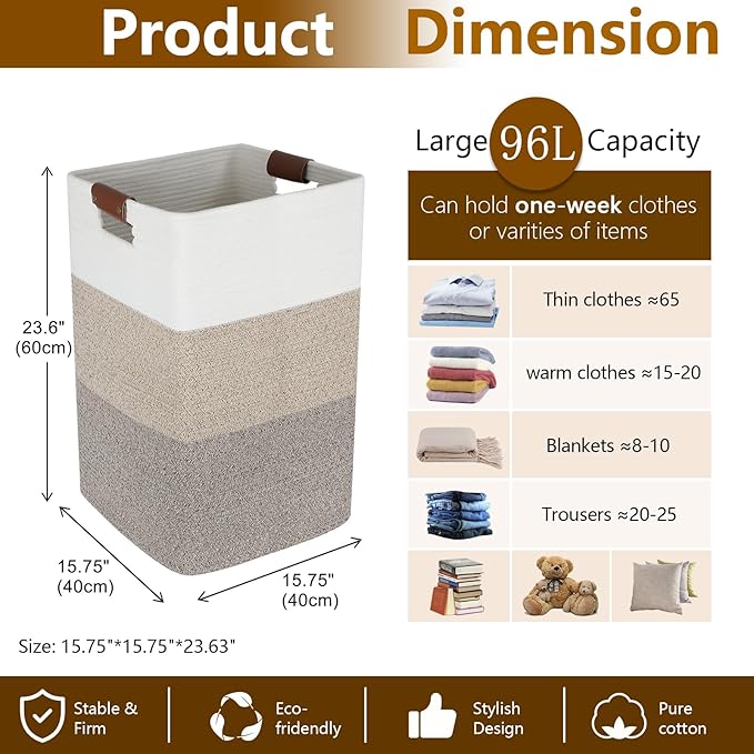 Laundry Hamper 96L Extra Large Laundry Basket, Woven Blanket Basket | Cotton Woven Storage Hamper with Handles for Living Room, Large Baskets for Pillows, Blankets, Clothes-Gradient Grey