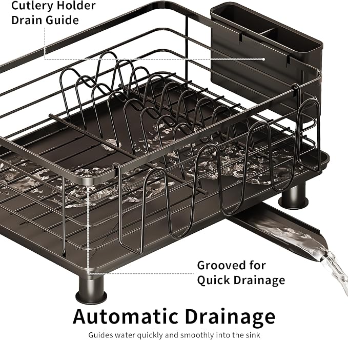PureBox Dish Drying Rack with 2 Utensil Holders, Rustproof Metal Kitchen Counter Organizer with Cup Holder & Drain Board, Large Capacity Dish Rack for Sink, Black