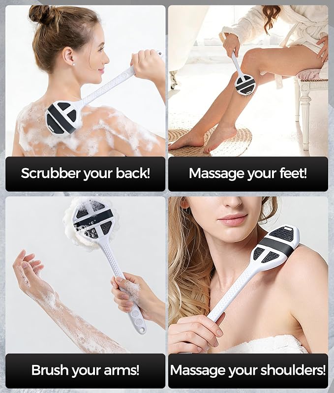 Back Scrubber for Shower - Long Handle Body Brush with Soft Bristles, Exfoliating Deep Clean, Black + Pink