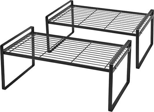 Shantton 2Pack Cabinet Shelf Organizer Storage Rack Space Saving for Kitchen Counter Pantry Bathroom Cupboard Under Sink Office Table Desk Steel Stackable Rust Resistant Heavy Duty Nonslip 16” Black