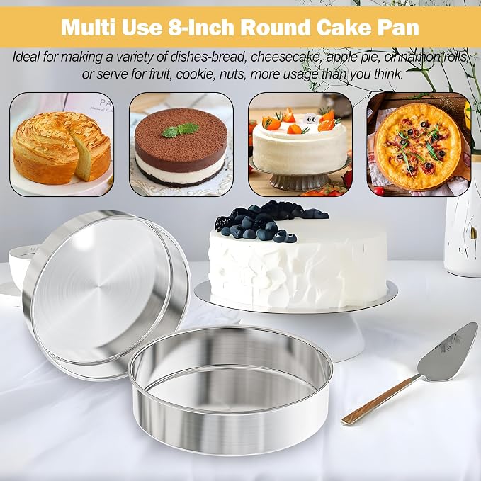 8 Inch Cake Pan Set of 2, Nonstick Stainless Steel Round Layer Cake Baking Pans with 100PCS Parchment Papers, Circle Cake Pan Tins for Birthday Christmas, Healthy & Dishwasher Safe & Easy Clean
