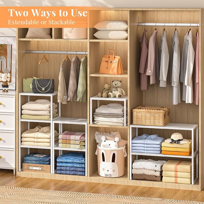 ThreeHio 2 Pack Stackable Closet Organizers and Storage Shelves, Expandable Metal Clothing Shelf, Adjustable Shelving Unit for Cabinet Wardrobe, Kitchen, Pantry, Sweater Clothes Cube Storage Organizer