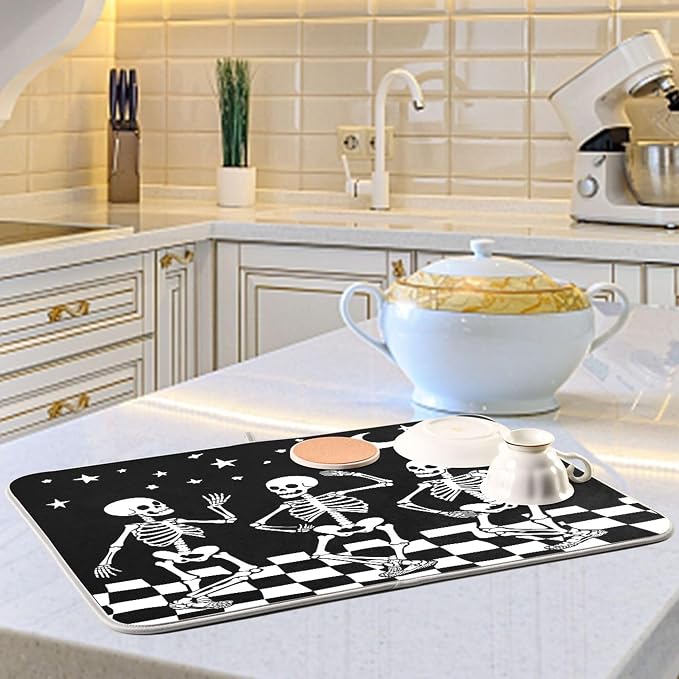 Halloween Skull Dance Dish Drying Mat for Kitchen Countertop 16x18 Spooky Skeleton Black Small Drying Mat Reusable Quick Dry Dish Sink Mats Easy Clean Decorative Essentials