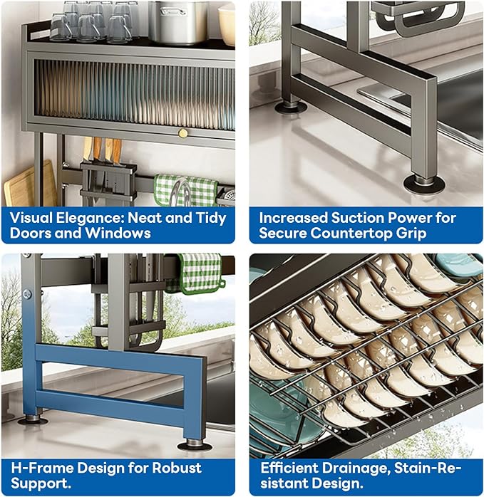 Hdrriozu Over the Sink Dish Drainer Drying Rack 3 Tier with Cover | Rust resistant built to last. Easy install simple tools. Holds all dishes glasses bowls. Space saving over sink tidy kitchen.