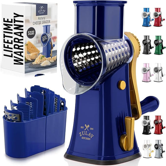 Zulay Kitchen Rotary Cheese Grater 5 Blade Cheese Shredder - Manual Hand Crank Cheese Grater With Reinforced Suction & 5 Interchangeable Drums - Easy to Use, Vegetable Chopper Round Mandoline Slicer