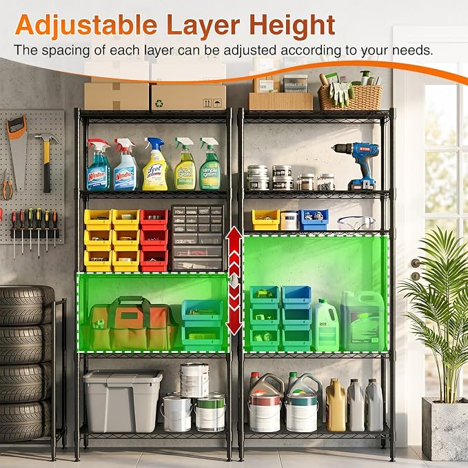 BestOffice | 5-Tier Wire Storage Shelves with Wheels | 14x30x60 | Black | Adjustable Racks | Heavy-Duty Metal Shelf, Holds Upto 220 lbs | No-Tool Assembly | Ideal for Home & Garage Shelving