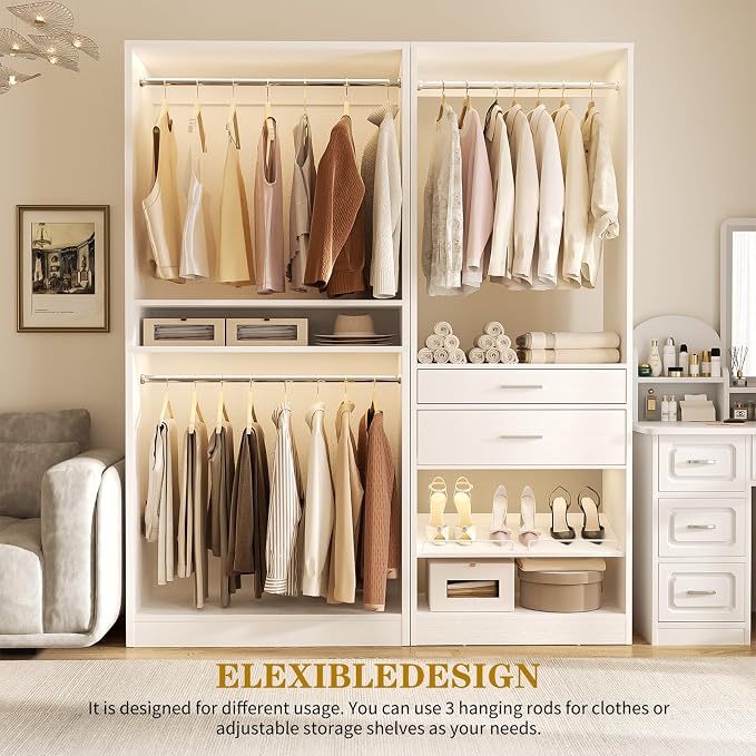 Unikito Closet System Set of 2, 5FT Closet Systems with 2 Wood Drawers, 61" Closet Organizer System with 3 Hanging Rods & 2 Shelves, Heavy Duty 61 Inch Walk-in Closet , White (61" L x 16" W x 80" H)