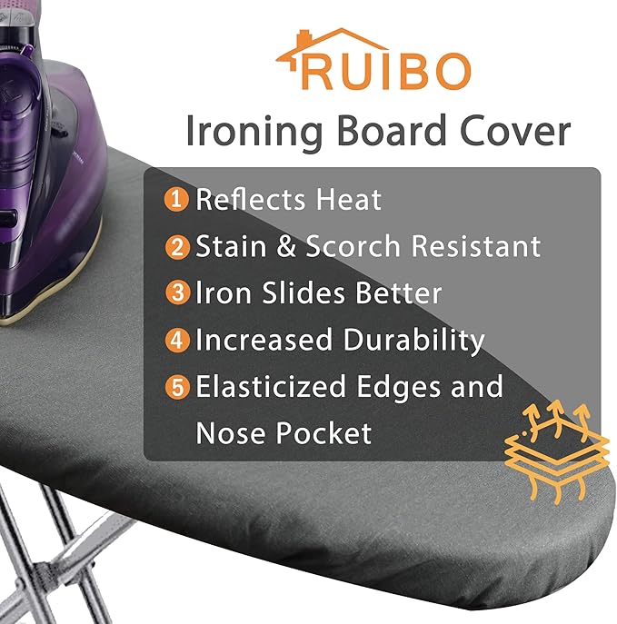 Ruibo Ironing Board Cover and Pad Extra Thick Heavy Duty Padding 4 Layers, Scorch and Stain Resistant,Elastic Edge Fit Standard Size 15x54 Inch/Black