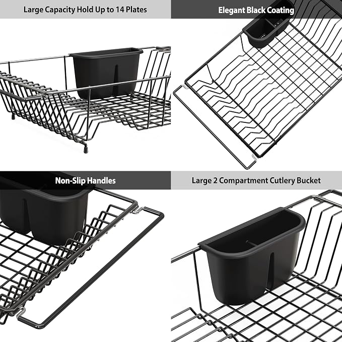 Simple Houseware Large Over Sink Counter Top Stainless Steel Dish Drainer Drying Rack with Utensil Holder, Black