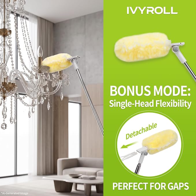 IVYROLL Dual Head Duster with Extended Handle 6 ft | Lockable Extendable Duster Kit with Extension Pole for High Ceiling Fan & Wall, 8 Refills