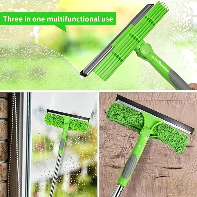 68'' Window Squeegee Cleaner Kit - 2-in-1 Rotatable Window Cleaning Tool with Extension Pole, Professional Streak-Free Squeegee with Bendable Head for Indoor/Outdoor Windows Car Glass (Green, 38.45FT)