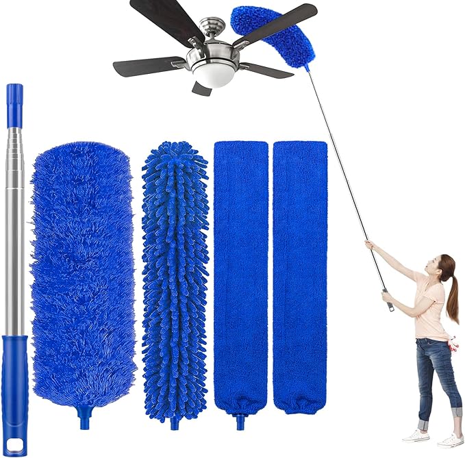 UIMO Microfiber Feather Duster 5-in-1 Kit for Dusting and Cleaning | 30–100" Extension Pole, Anti-Slip Grip, Bendable Washable Heads for Ceiling Fan, Furniture, Car (Blue)