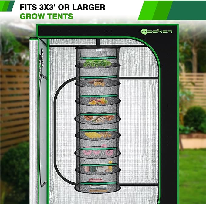 Yesker 8 Layer Herb Drying Rack Hanging Mesh Net Foldable Plant Drying Racks 24" Diameter with Green Zipper & Hook Dryer Hanging Rack for Herbs Seed Bud Fruit Clothes Grow Tent Closets Garden Outdoor
