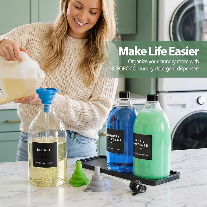 Moforoco 3 Pack Black Liquid Laundry Detergent Dispenser with Bamboo Tray, 64 Oz Plastic Laundry Soap Dispenser, Fabric Softener Dispenser with Pump and Labels for Laundry Room Decor and Organization