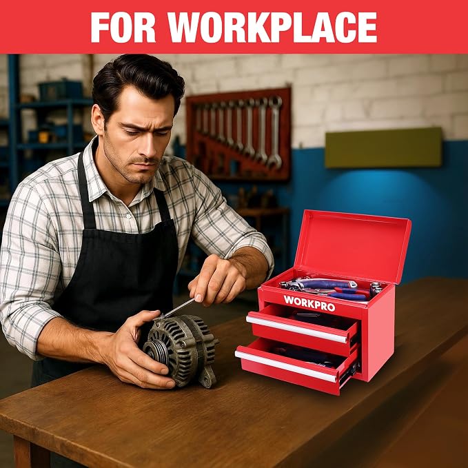 WORKPRO Metal Mini Tool Box with 2 Drawers and Top Storage | Cold Rolled Steel Toolbox, Ball Bearing Slides, PVC Drawer Liners, PP Feet Pads, Durable Storage