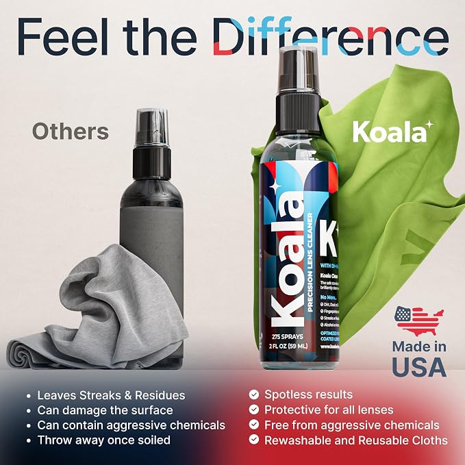 Koala Eyeglass Lens Cleaner Spray Kit | Japanese Microfiber (6 Piece Set) | (2x) 8oz + (1x) 2oz Glasses Cleaner Bottle + (3x) Microfiber Cloth | Alcohol Free Eyeglasses, Screen, and Camera Cleaning Kit