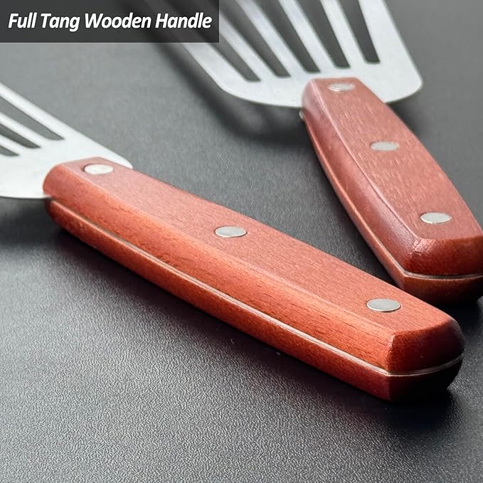 2 Pack Fish Spatula Turner, Stainless Steel Slotted Spatulas for Flipping, Turning, Frying & Grilling, 3"x6"+4"x8" Metal Slotted Spatulas, Wooden Full Tang Handle & Curved Blade