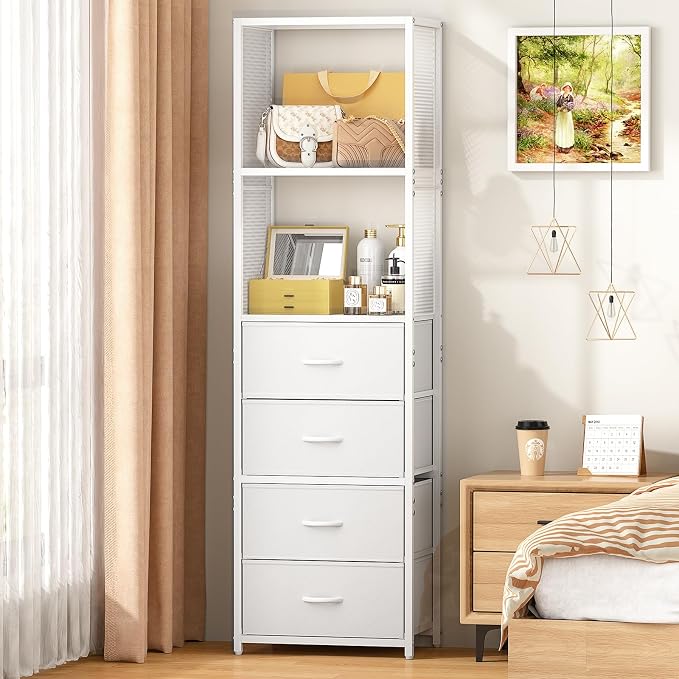 3IngSeagulls Closet Drawer Organizer, Freestanding Closet System with 4 Drawers, Walk-in Closet Storage Unit with Wooden Top & 2-Tier Shelves for Small Closets, Tall Bookshelf Storage Cabinet, White