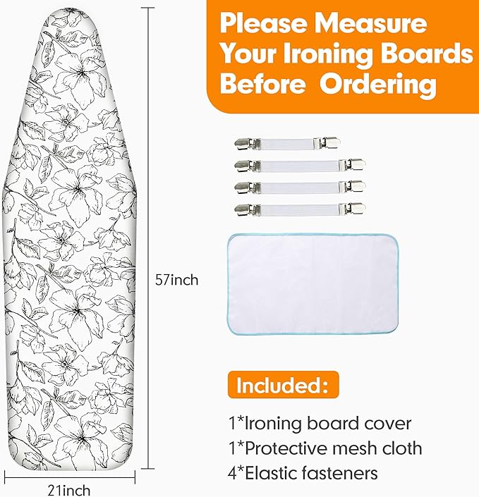 Ironing Board Cover and Pad, 21x57 Extra Large Thick Iron Padding, Scorch & Stain Resistant Ironing board cover, Heavy Duty Iron Board Padded with Adjustable Fasteners Elastic Edge, Floral White