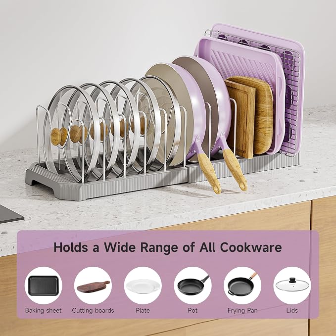 MUDEELA Pots and Pans Organizer under Cabinet, Pan Pot Organizer Inside Cabinet, Expandable 12.9''-21.88'' Pot Lid Organizer Holder with 12 Adjustable Dividers for Cutting Boards, Pan Lid Rack, Grey